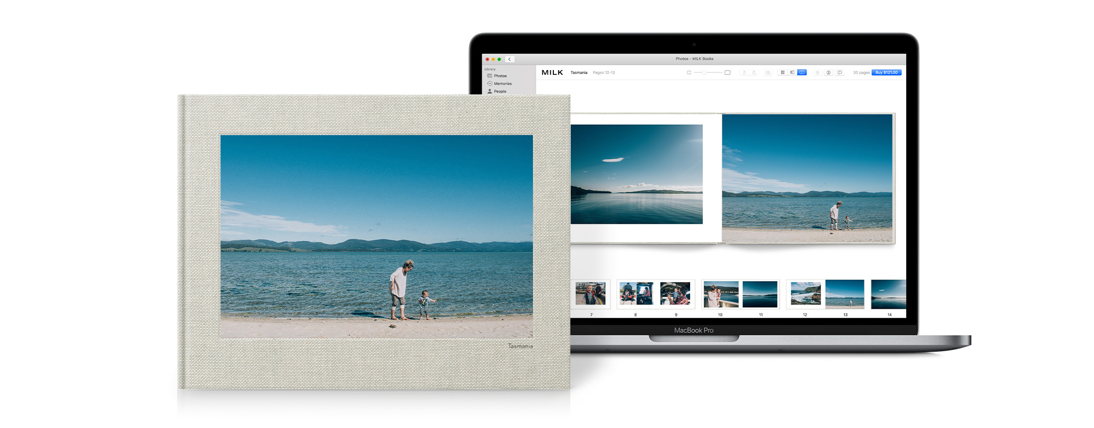Macbook abierto para mostrar la extensión del proyecto para Apple Photos. Fotolibro mostrando el producto terminado.