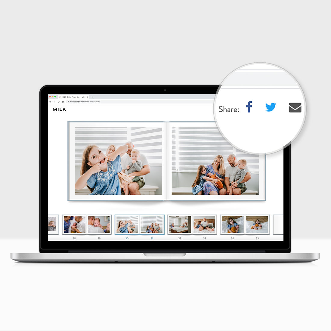 MILK photo book and photo album design studio showing how to share free online flipbooks via Facebook, Twitter and  Email