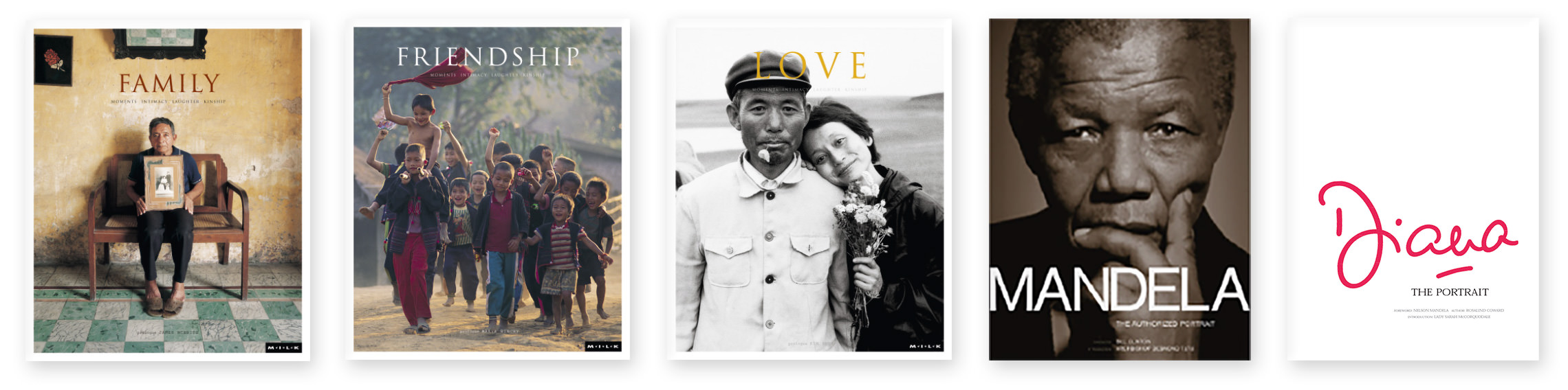 Row of covers with titles: Family, Friendship, Love, Mandela and Diana The Portrait books