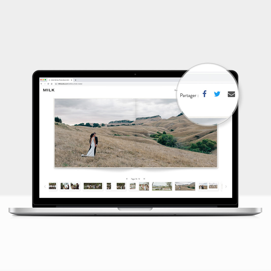 Ordinateur portable ouvert avec un album phooto carré classique à l'écran, avec un gros plan de la fonction de partage du flipbook par Facebook, Twitter et e-mail.