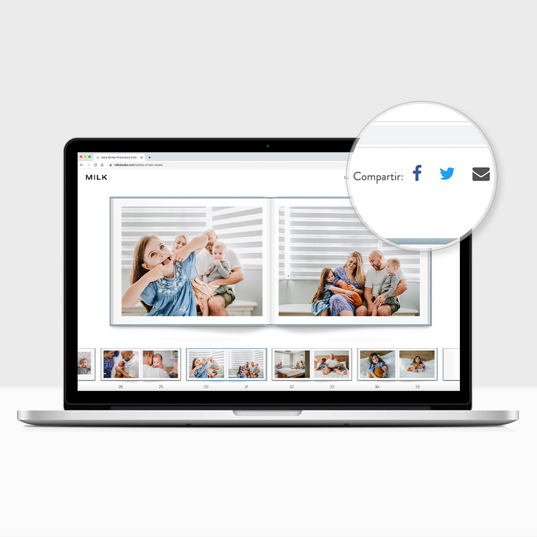 El estudio de diseño de álbumes de fotos MILK muestra cómo compartir libros animados gratuitos en línea a través de Facebook, Twitter y correo electrónico.