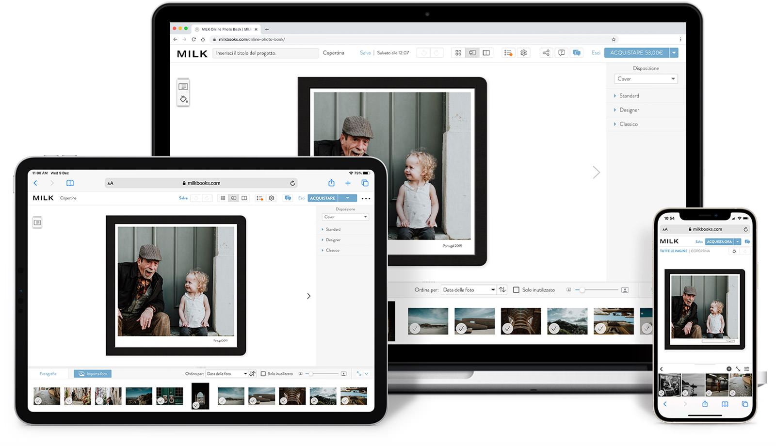 Schermo dello studio di design online MILK, aperto su desktop, tablet e dispositivi mobili.