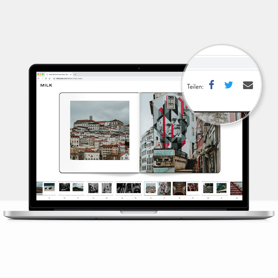 Laptop öffnen, um eine Vorschau auf das Online-Fotobuch von Moleskine zu zeigen.