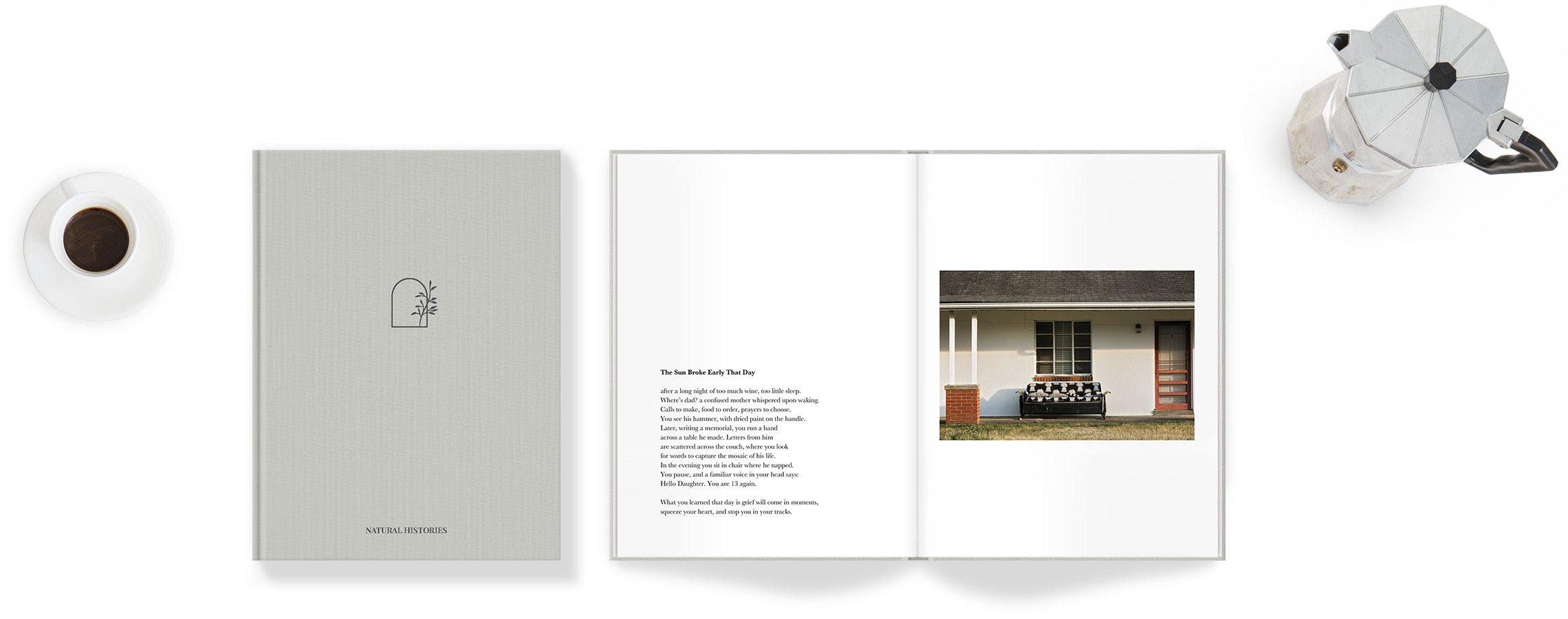 Open portrait photo book with poetry and pictures inside of house next to cup of coffee and moka pot