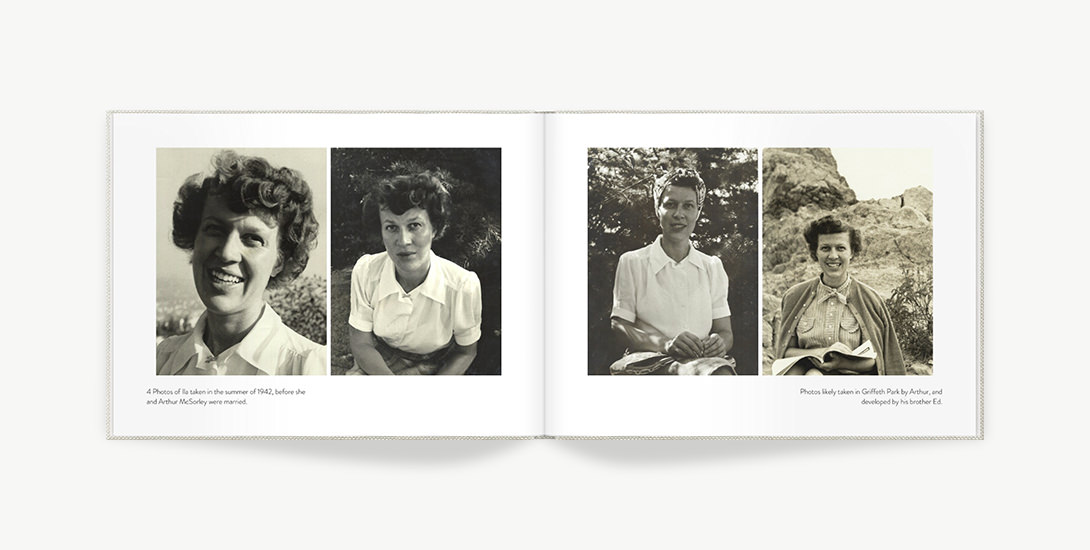 Black and white portraits in a photo book.