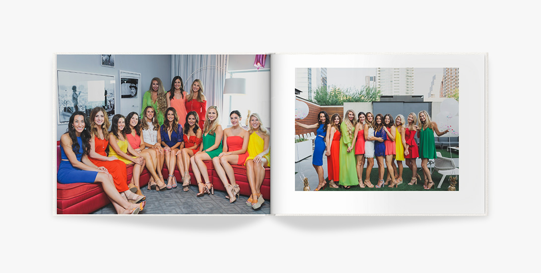 Photo book with images of women lined up, dressed in bright outfits.