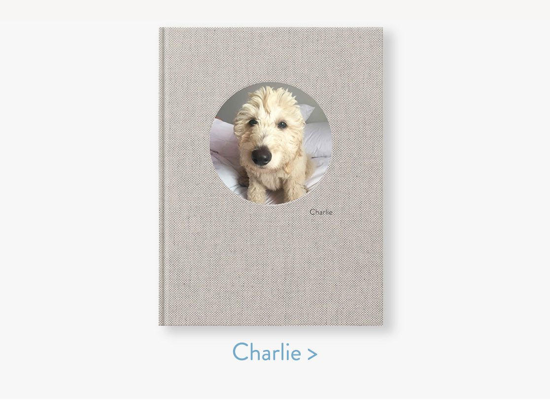 Pet portrait photo album cover in linen fabric with a photo of a dog called Charlie