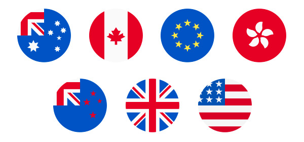 Flags that represent the seven currencies that MILK is available to shop in: Australia (AUD), Canada (CAD), Europe (EUR), Hong Kong (HKD), New Zealand (NZD), United Kingdom (GBP), USA (USD)