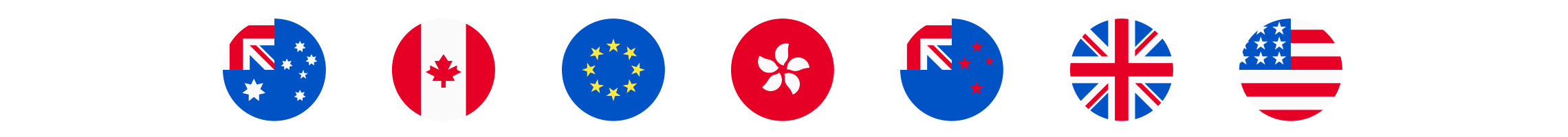 Flags that represent the seven currencies that MILK is available to shop in: Australia (AUD), Canada (CAD), Europe (EUR), Hong Kong (HKD), New Zealand (NZD), United Kingdom (GBP), USA (USD)