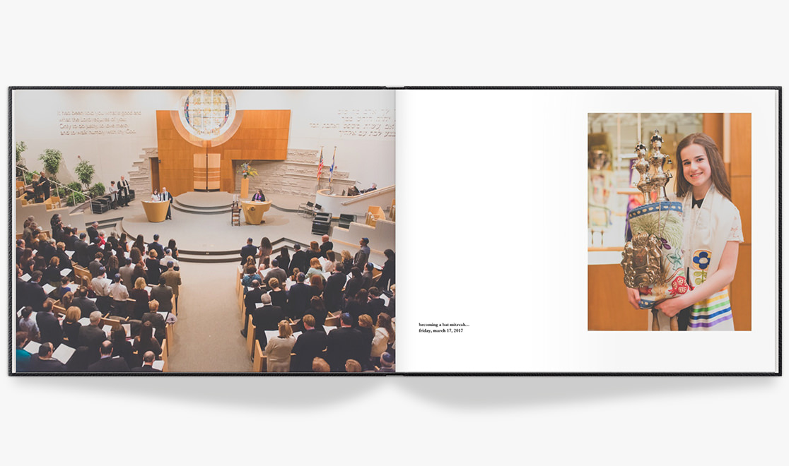 Open photo book with images of Bar Mitzvah ceremony.