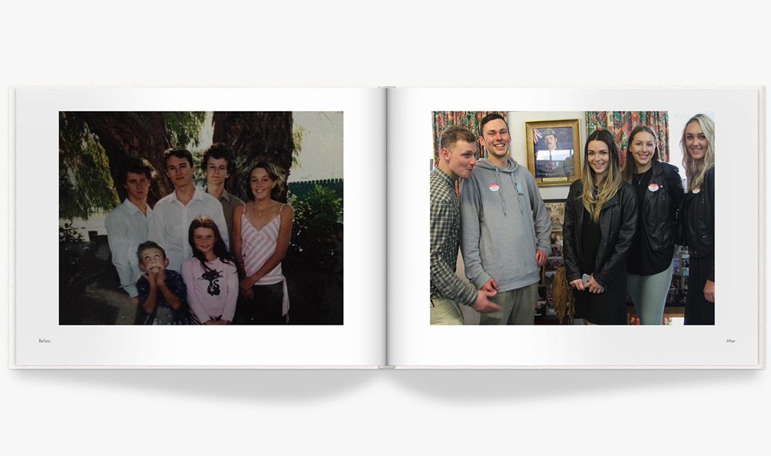 Open photo book with family photographs.