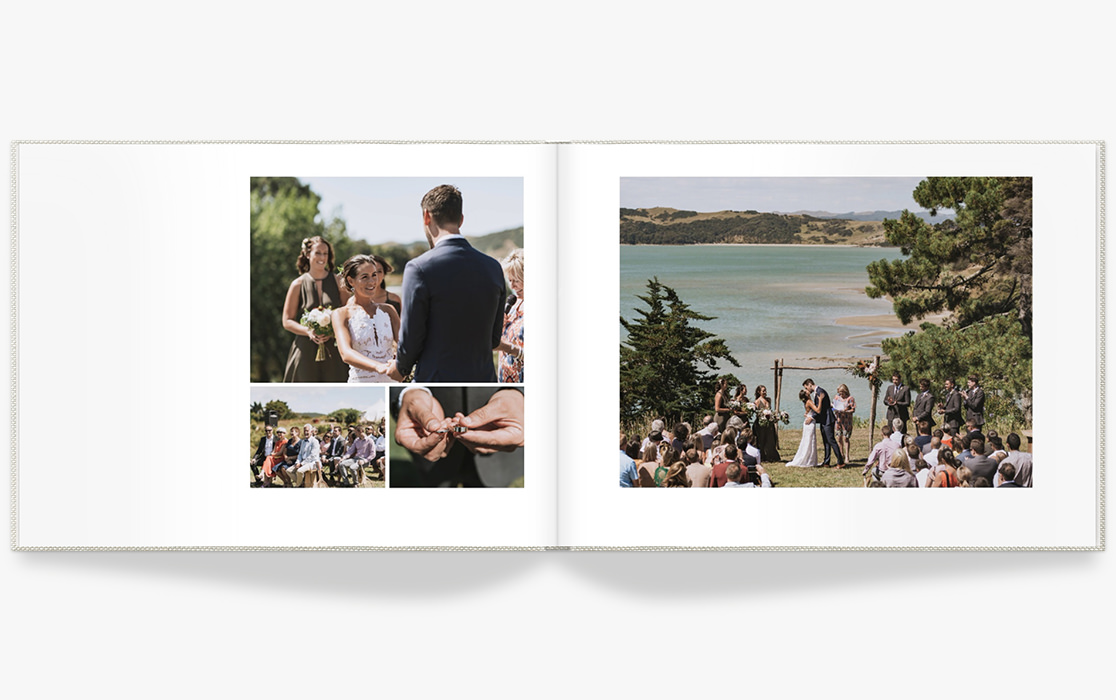 Photo book with couple at beach wedding.