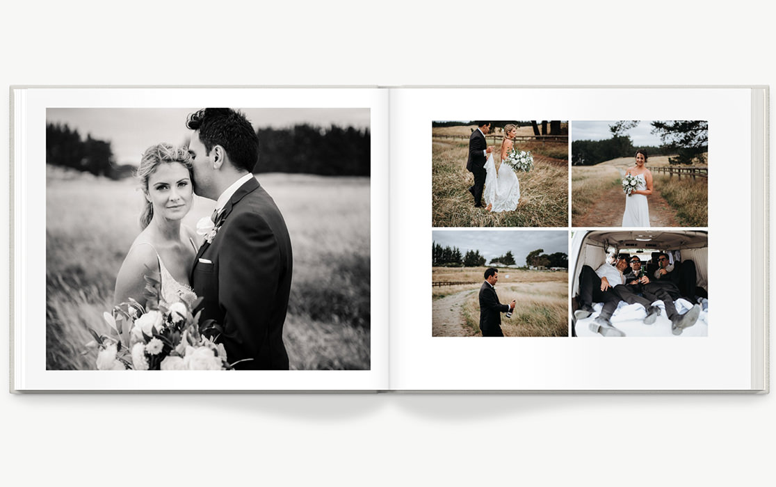 Photo book with couple and bridal party on their wedding day.