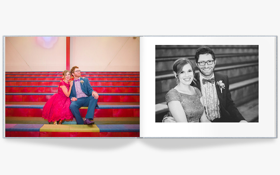 Photo book with couple on their wedding day.