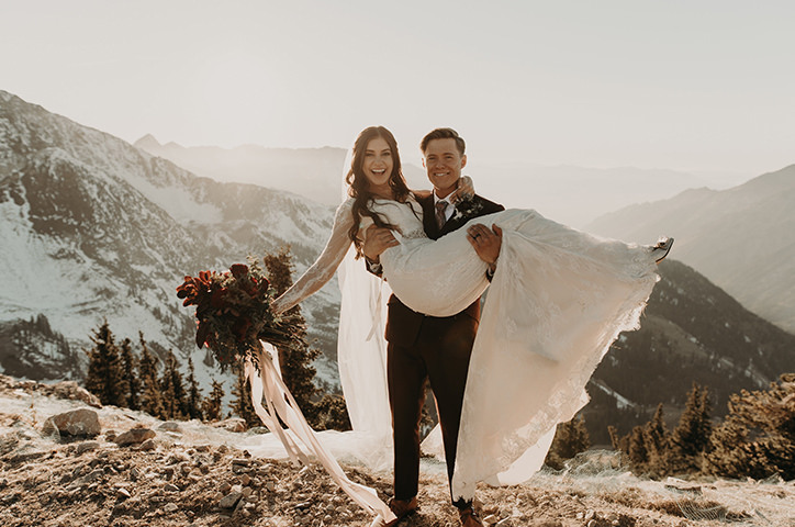 Newlywed portrait in mountains