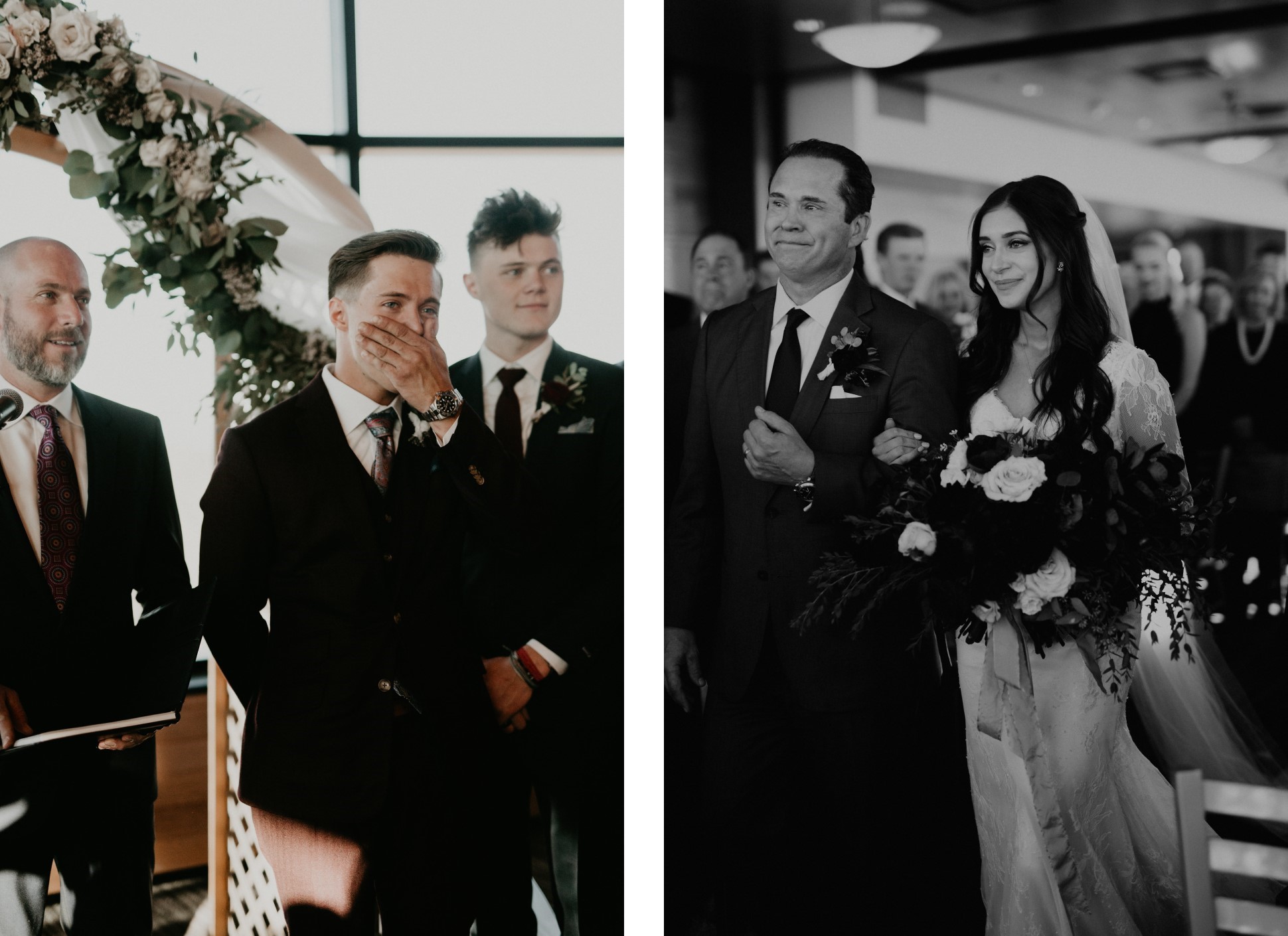 A groom's first look; and a father walking his daughter down the aisle.