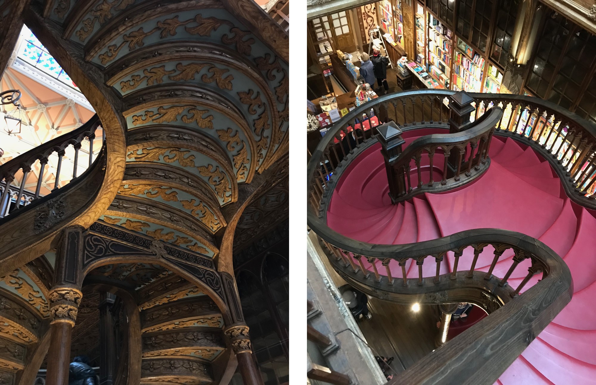 Closeup of spiral staircases from above and beneath.