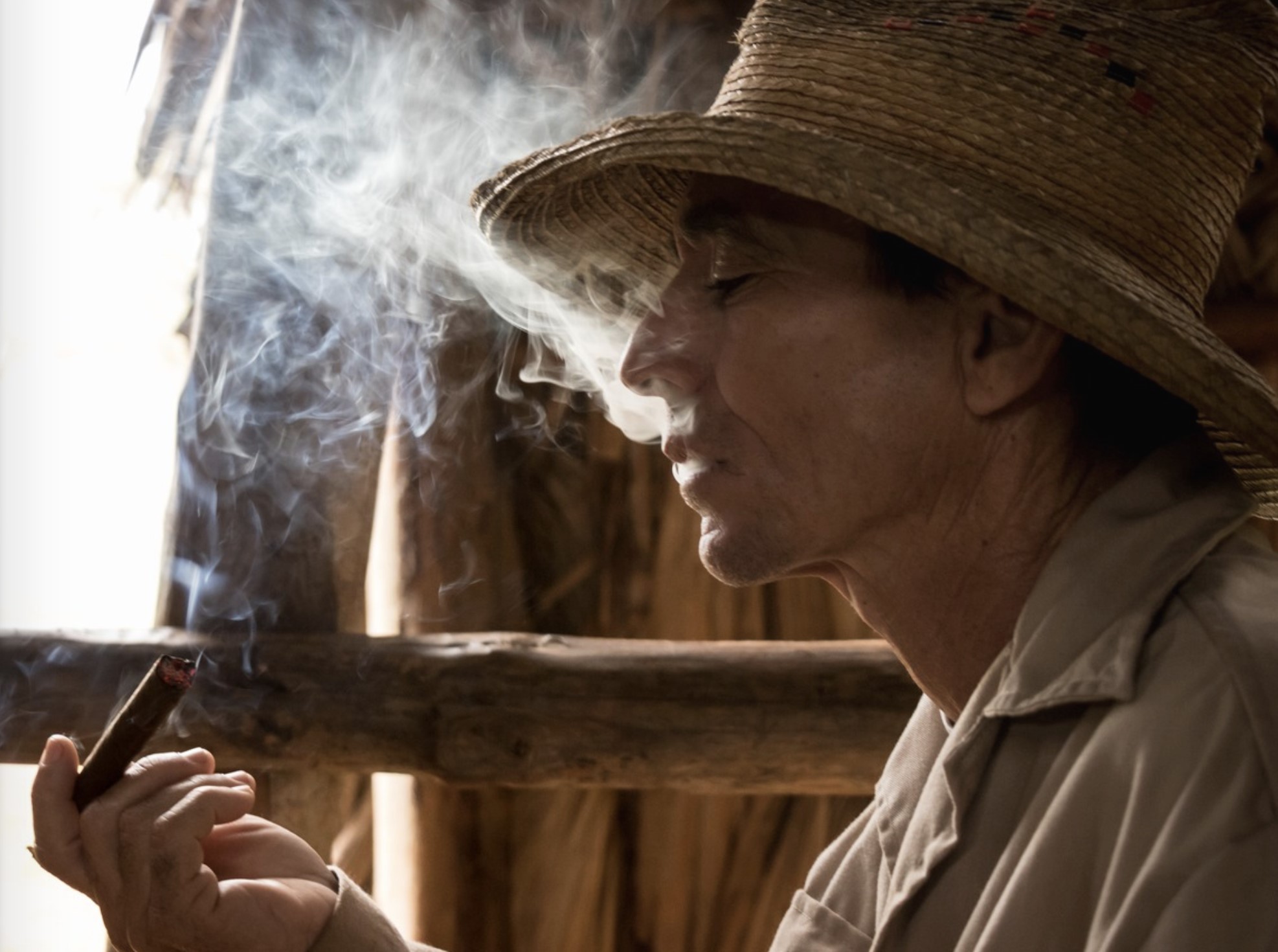 Person blowing out smoke from a cigar.