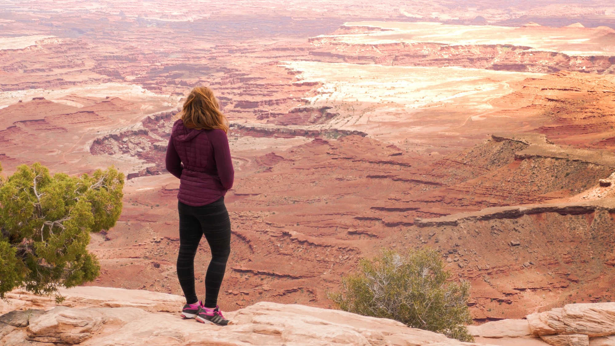 Woman overlooking canyon landscape.