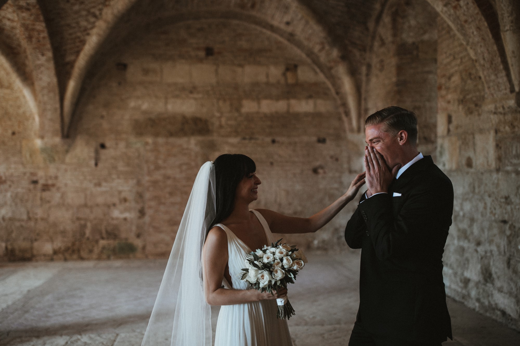 A groom's first look at his bride.
