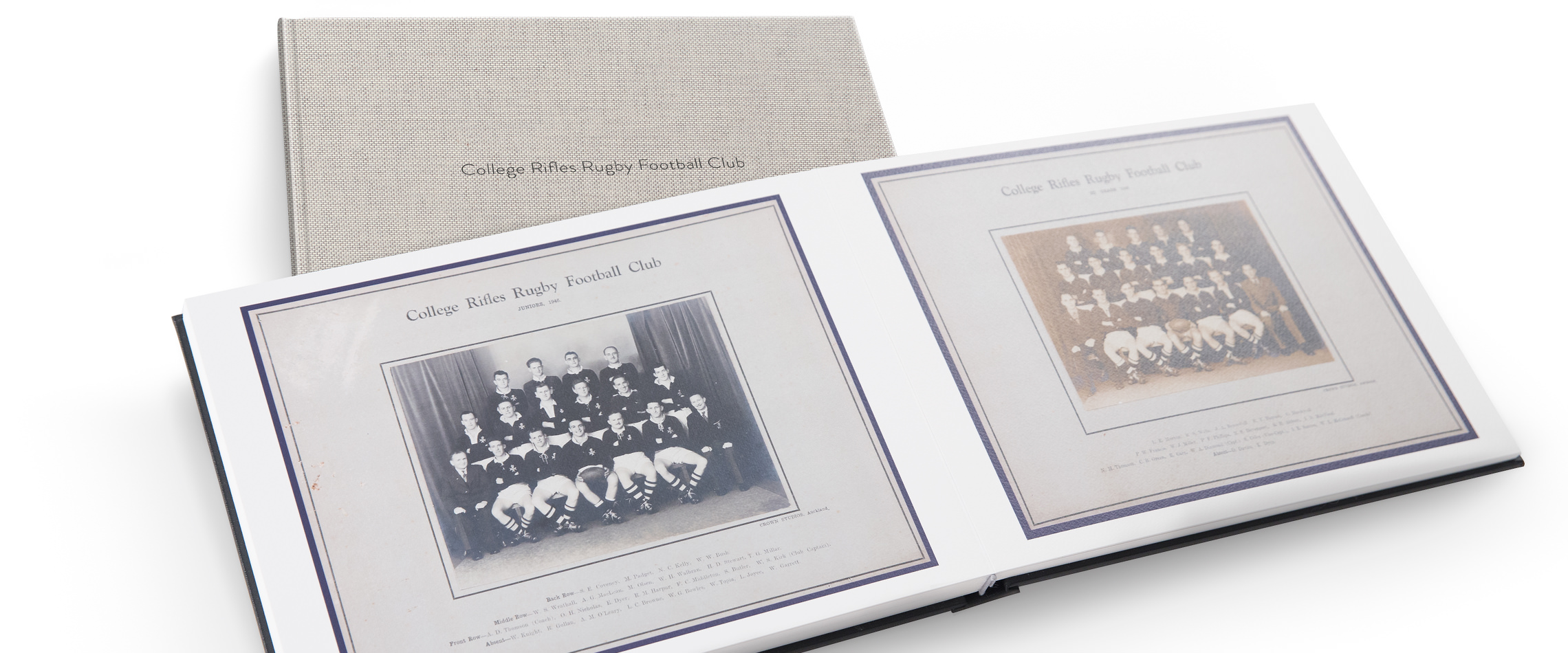 Open Premium Photo Book displaying old black and white photos of College Rifles Rugby Football Club