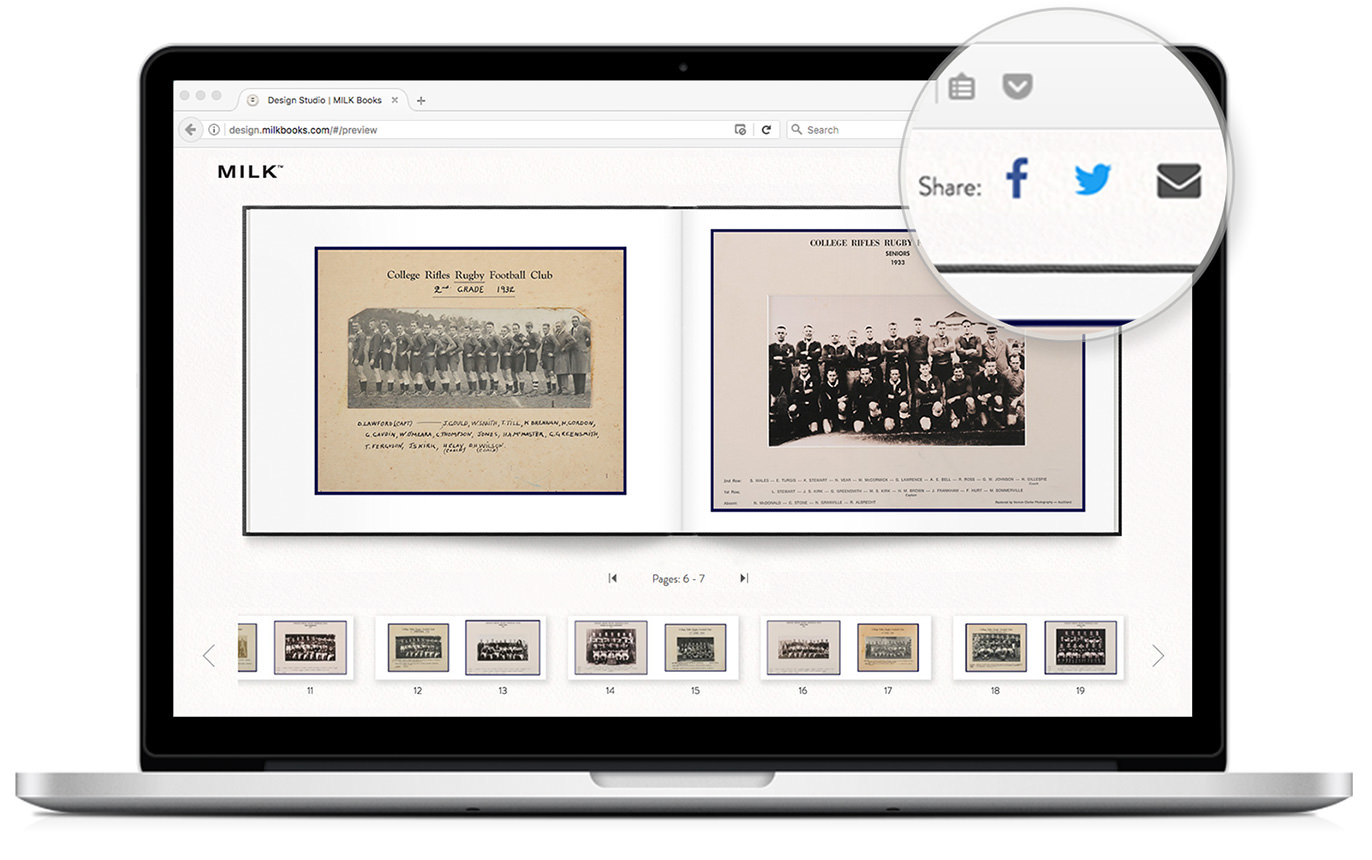 Laptop open to show MILK Online Photo Flipbook with share options on social media