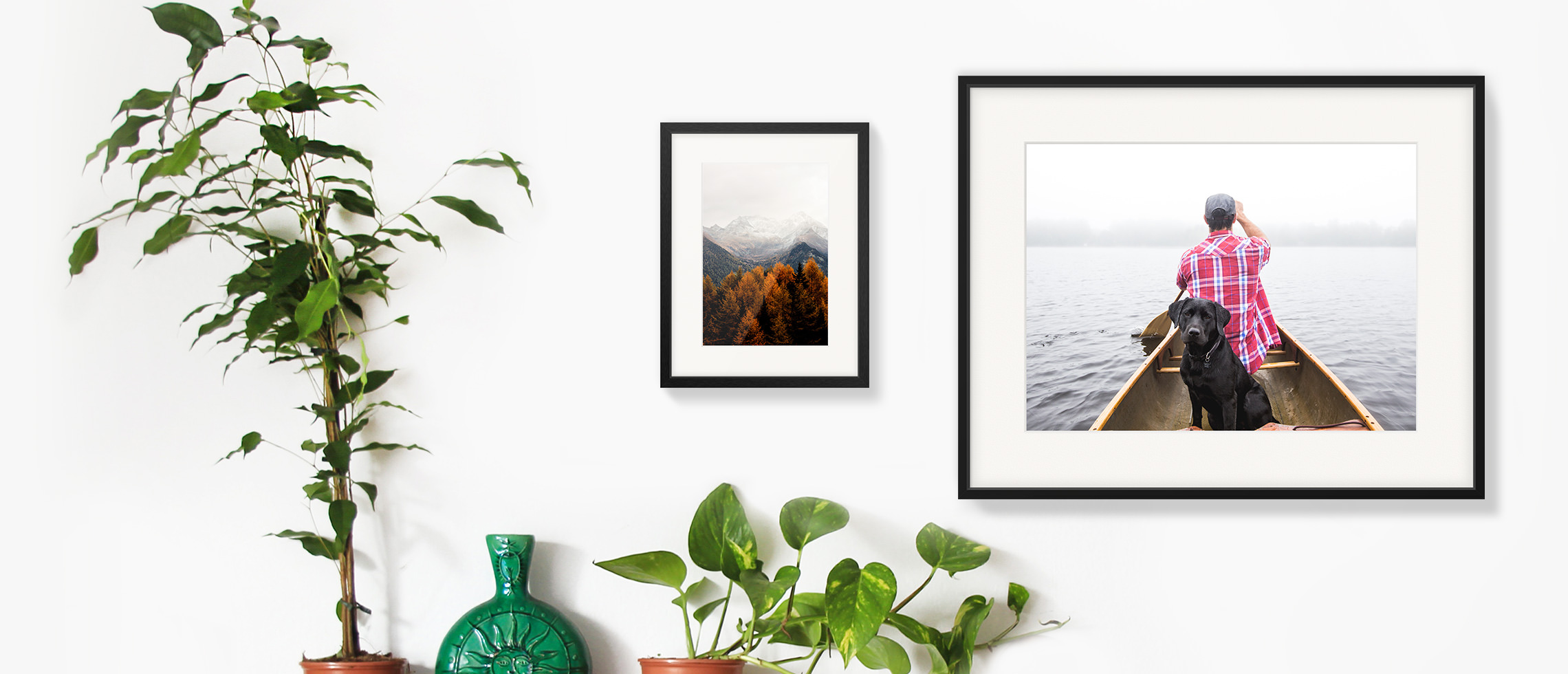 Two gallery frames hanging on a wall with a plant and vase on a shelf.