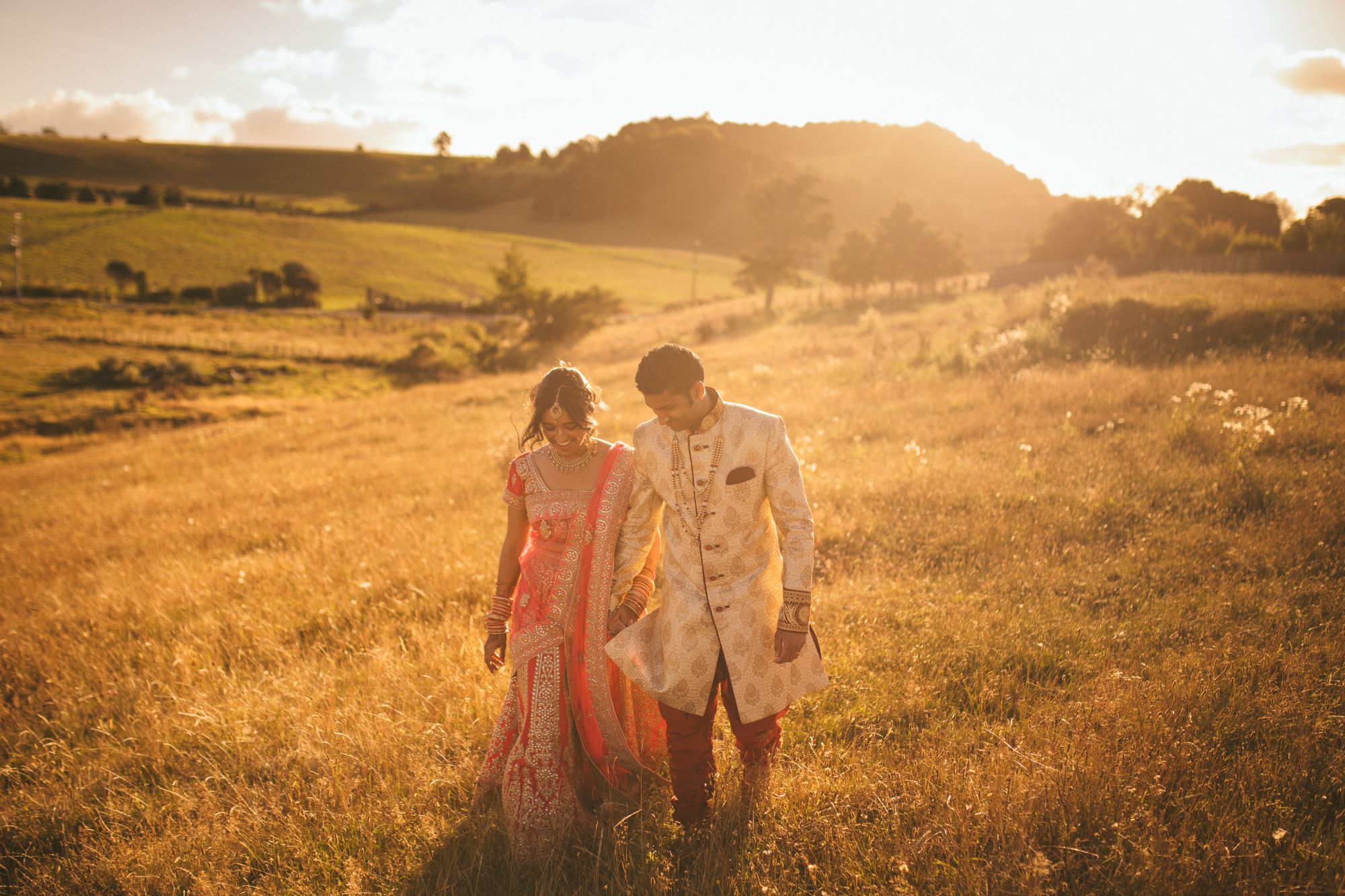 Newlywed portrait at sunset.