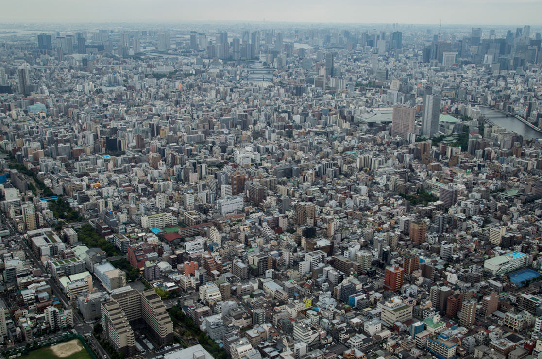 Birds eye view of a city.