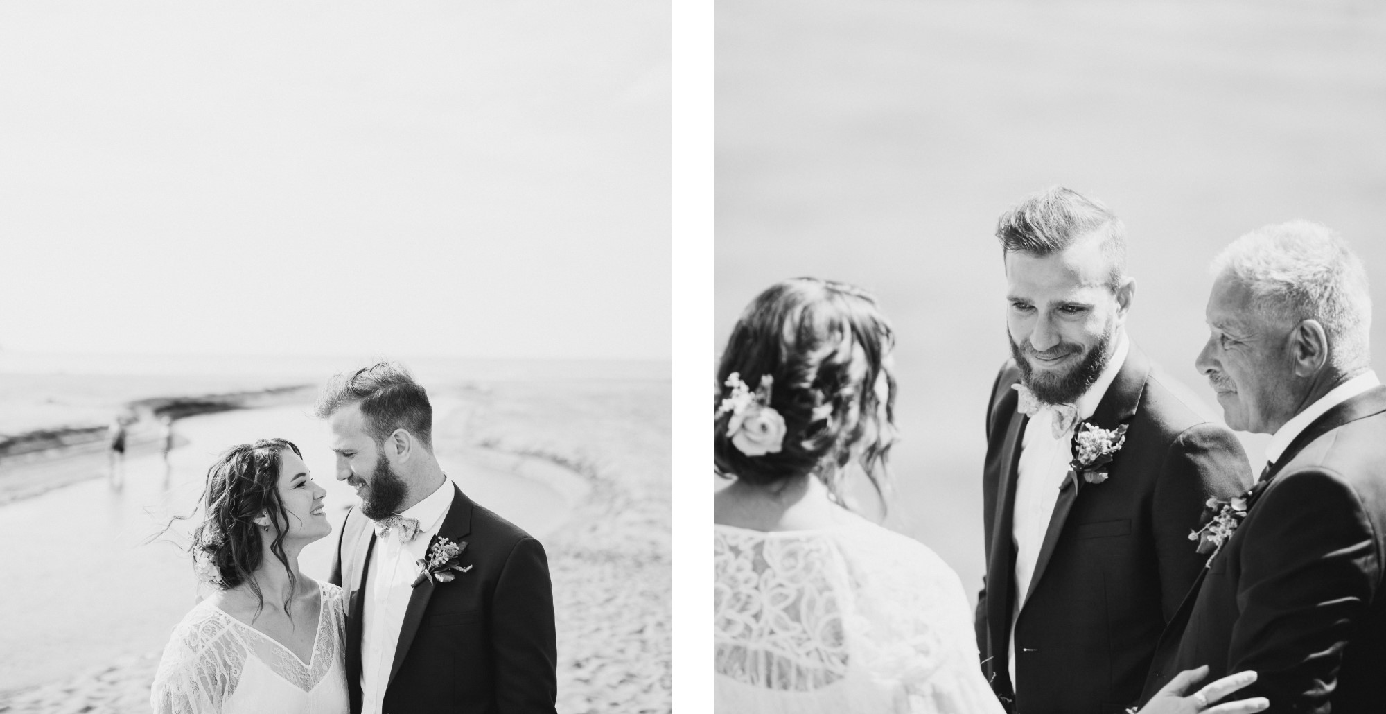 Left, newlyweds on the beach. Right, groom smiling at bride at altar