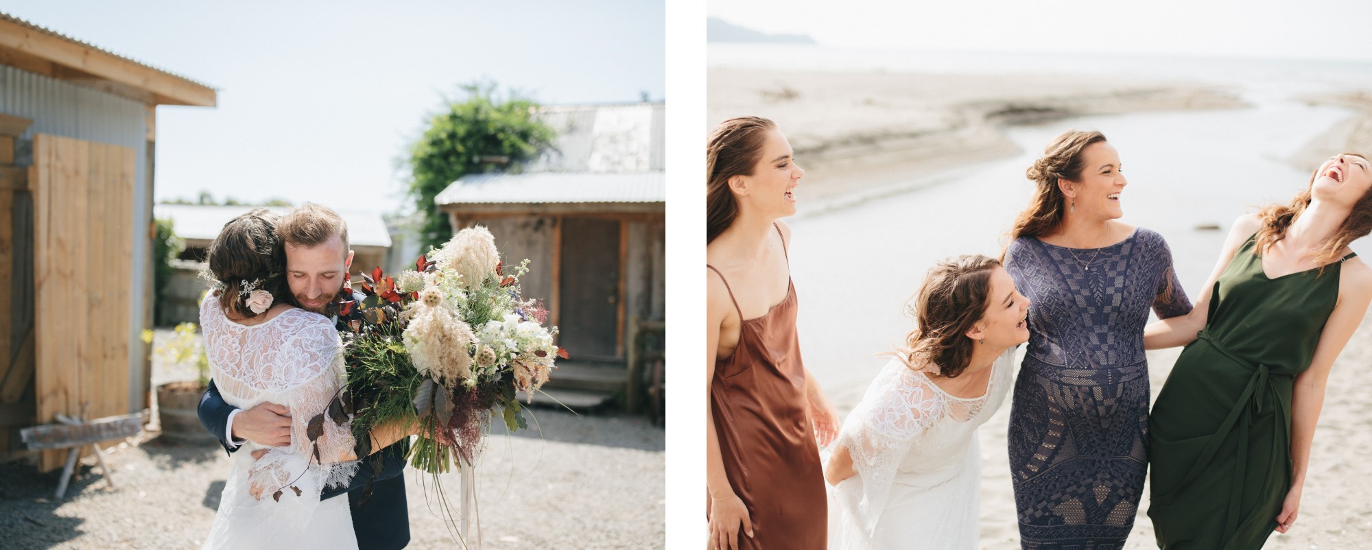 Left, bride and groom embracing. Right, bride laughing with her bridesmaids