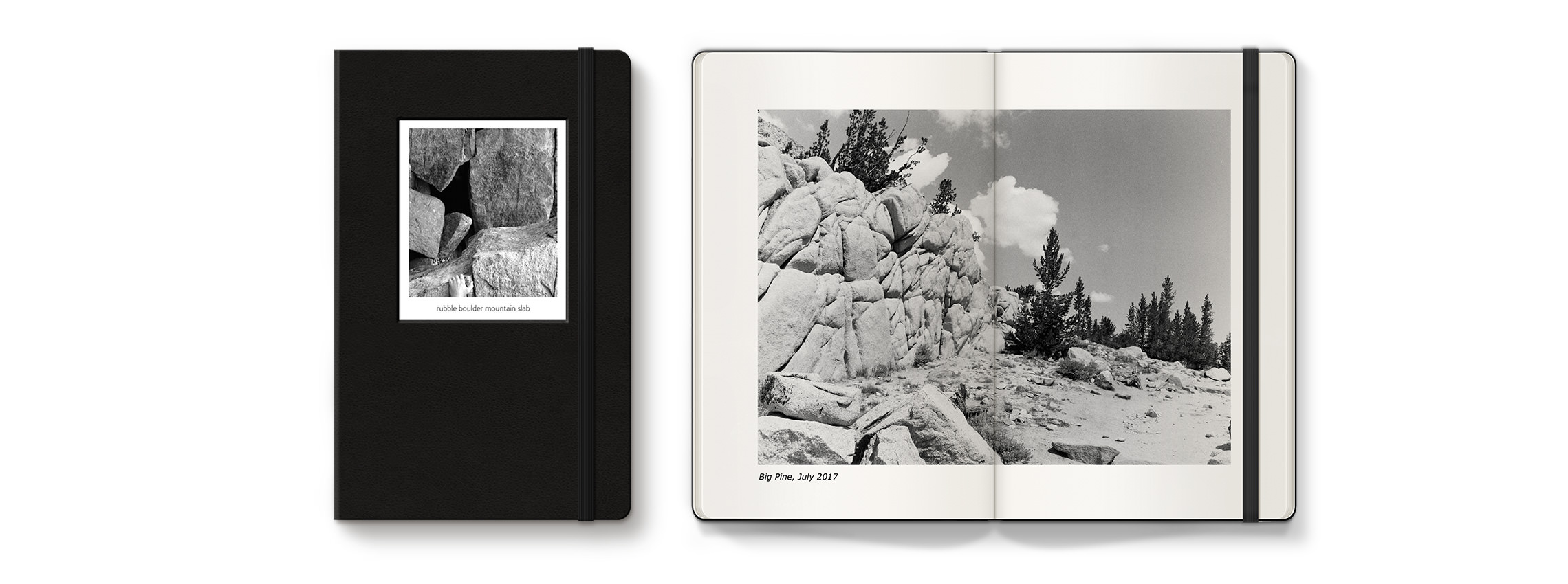 Moleskine Photo Book with black and white images of a rocky landscape.