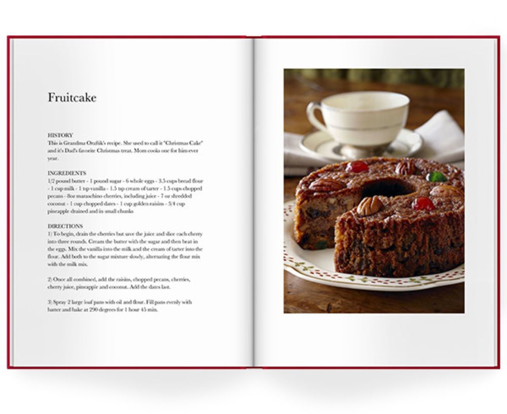 An open photo book with a fruitcake recipe in text on the left, and an image of the fruitcake on the right.
