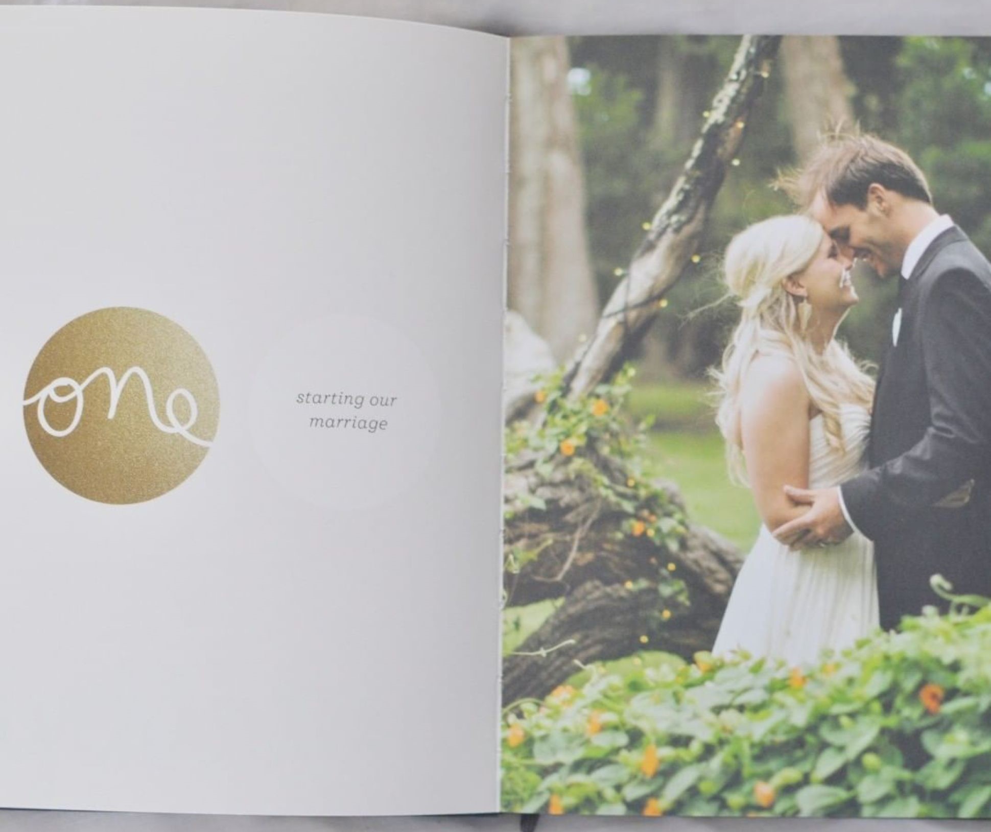 Open photo book with image of bride and groom on their wedding day.