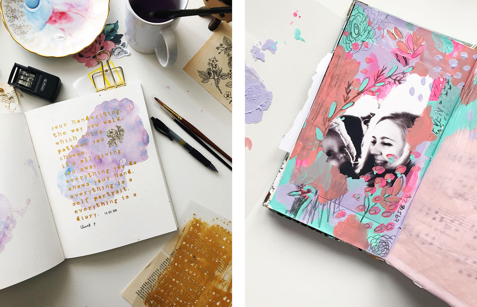 Flatlay of scrapbooks with accessories on a white table.