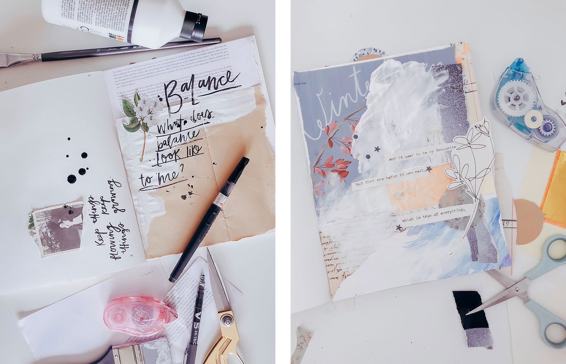 Flatlay of scrapbooks with accessories on a white table.