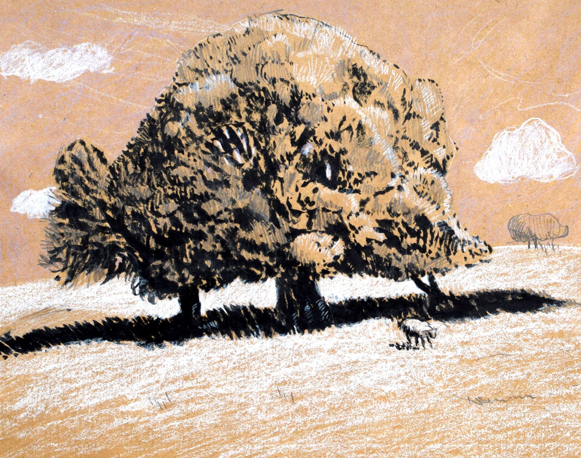 Sketch of sheep grazing in field