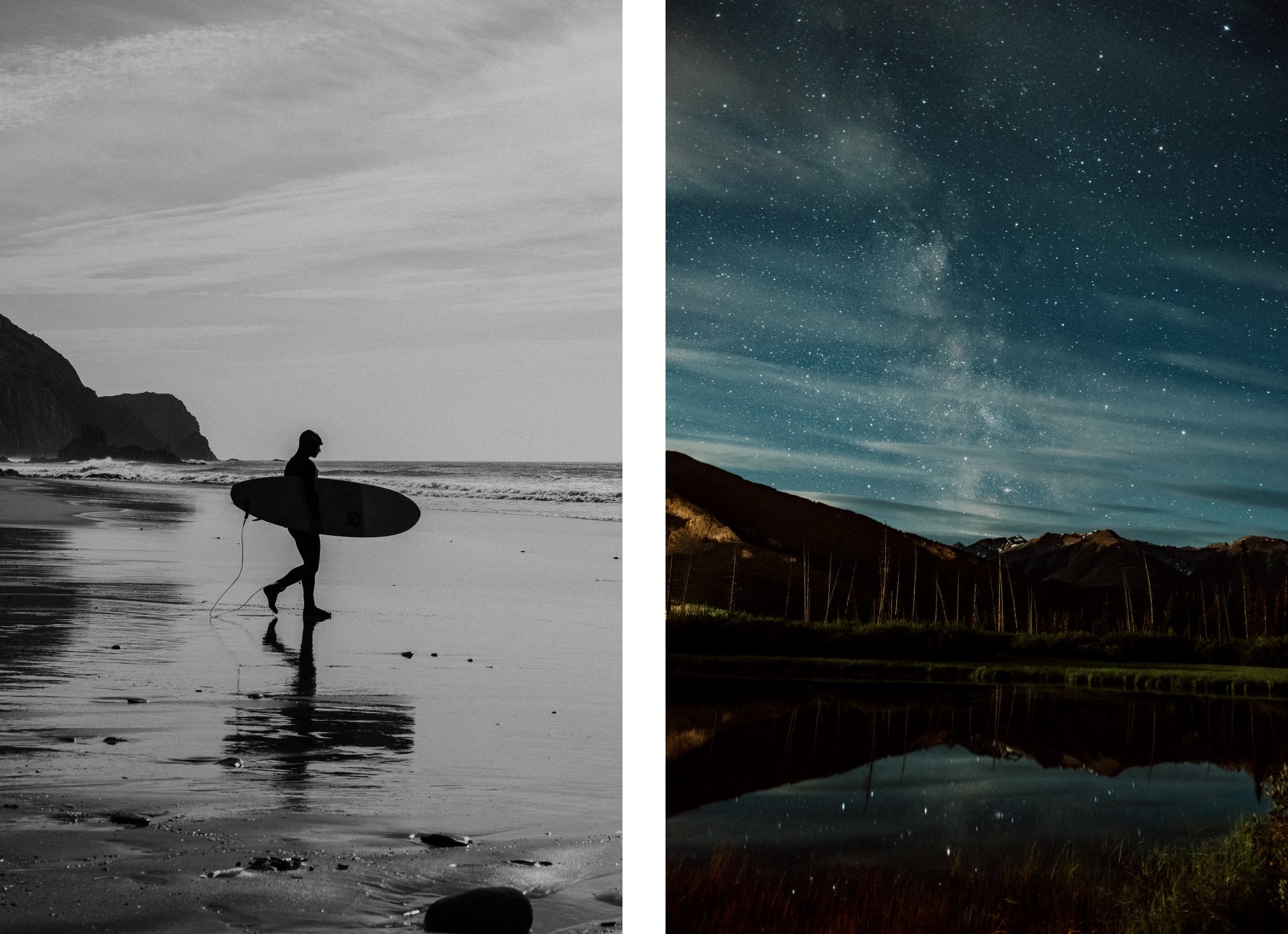 Surfer läuft aufs Wasser hinzu (links) und klarer Sternenhimmel (rechts).