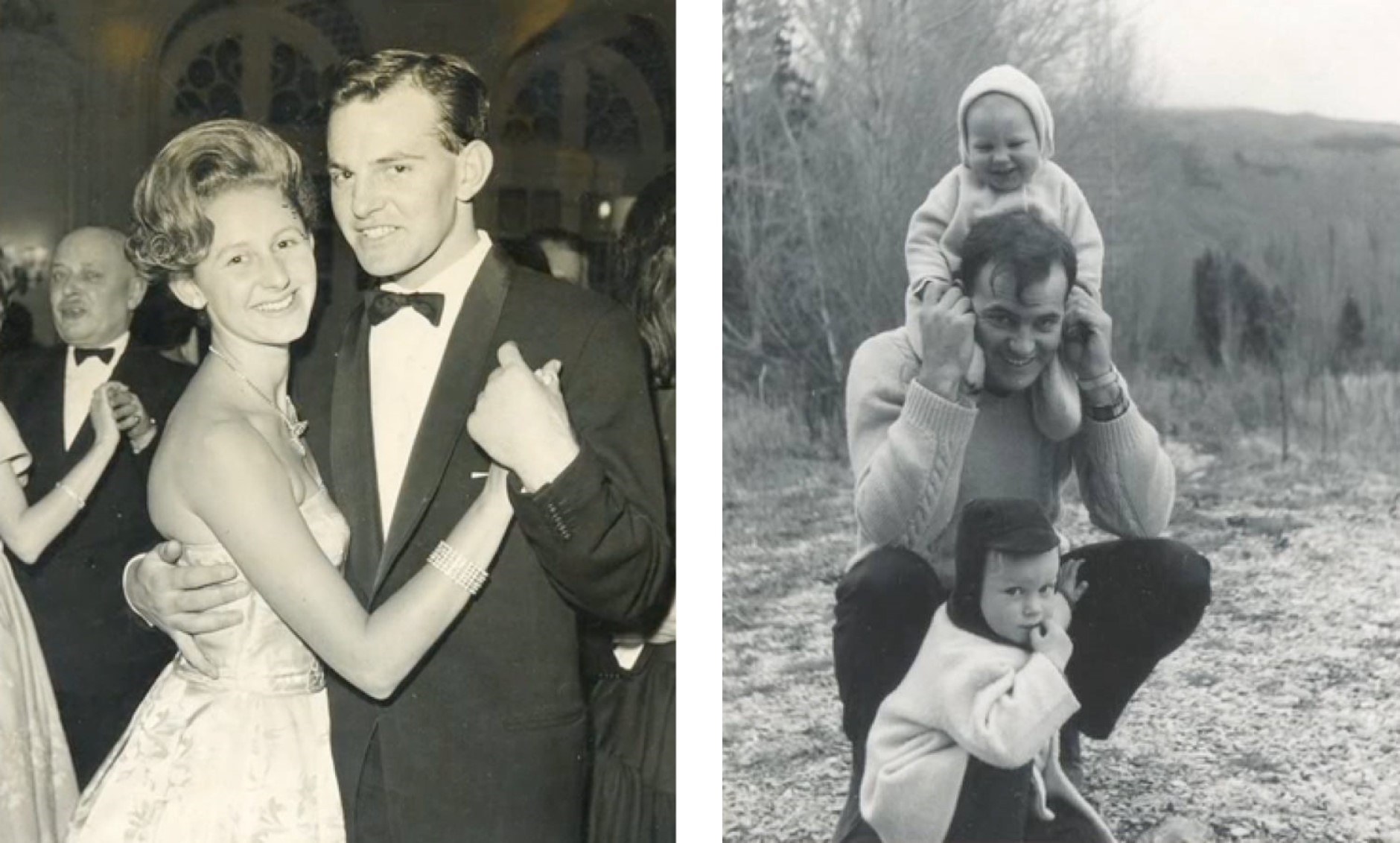 Left, man and woman dancing at black tie event. Right, man with child on his shoulders and child at feet.