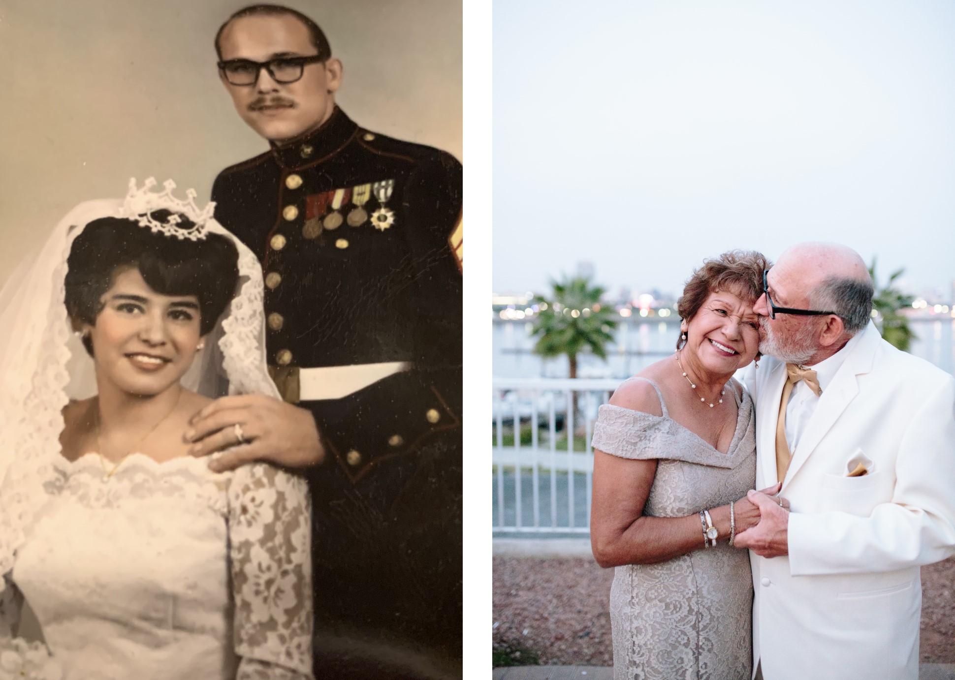 Side by side images of a couple; then and now.