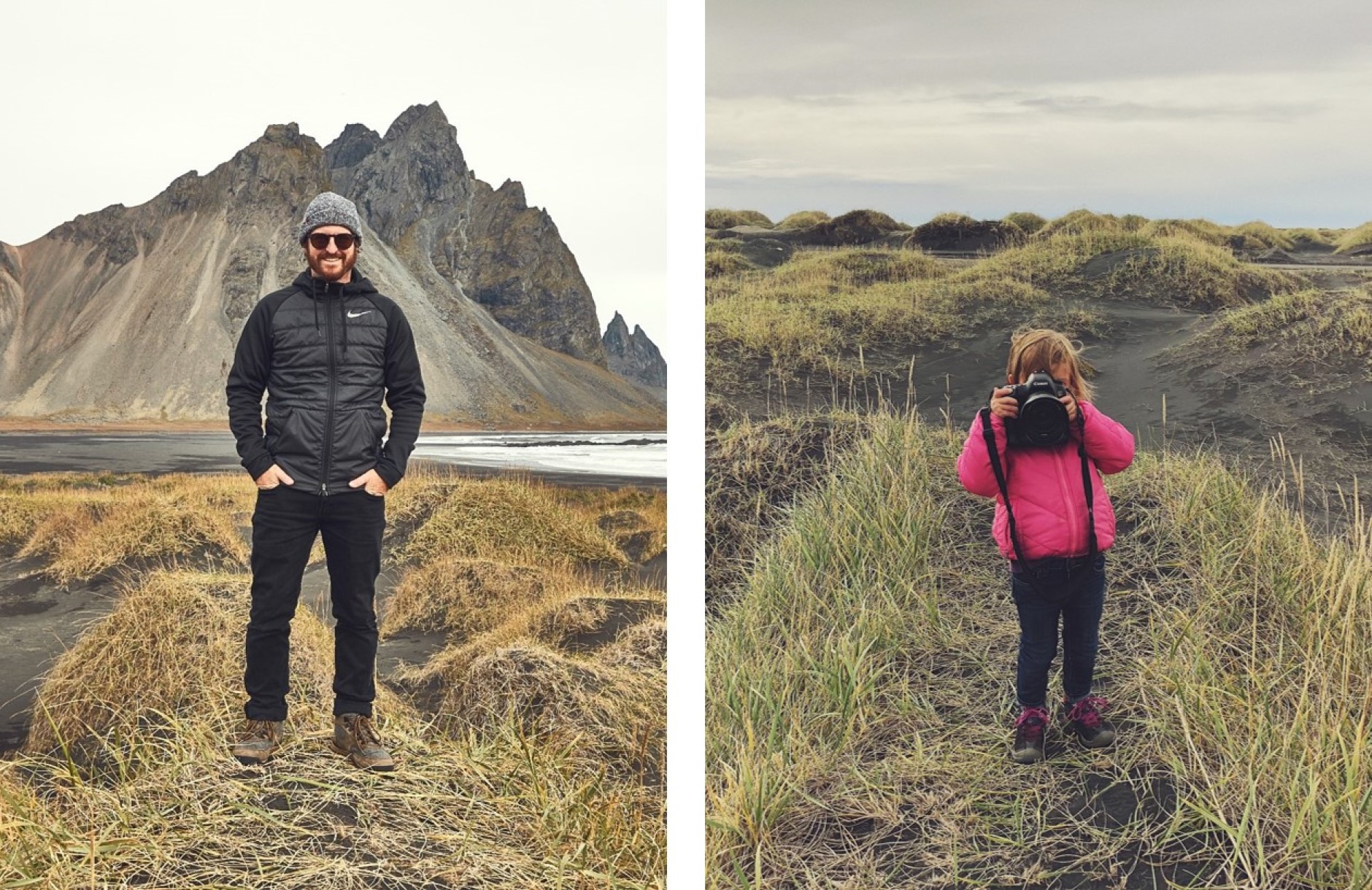 Man and child on the beach in Iceland.
