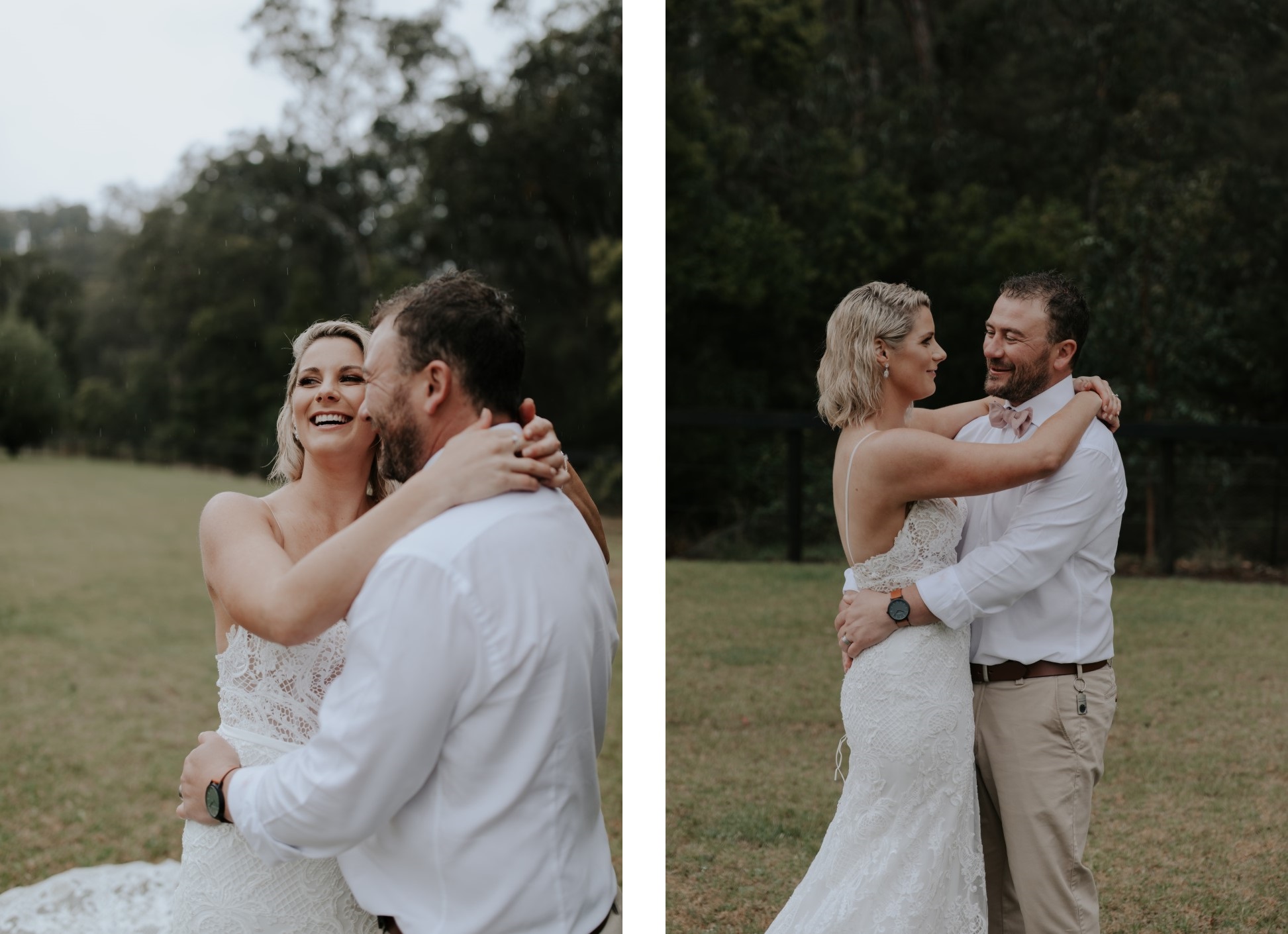 Braut und Bräutigam lächeln und umarmen sich.