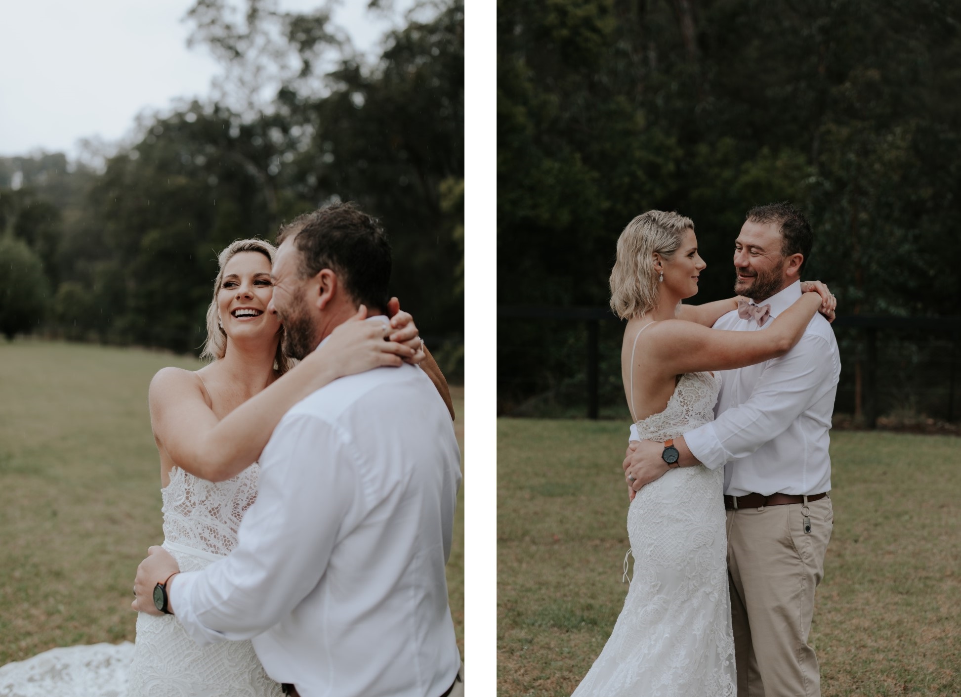 La mariée et le marié sourient et s'embrassent.