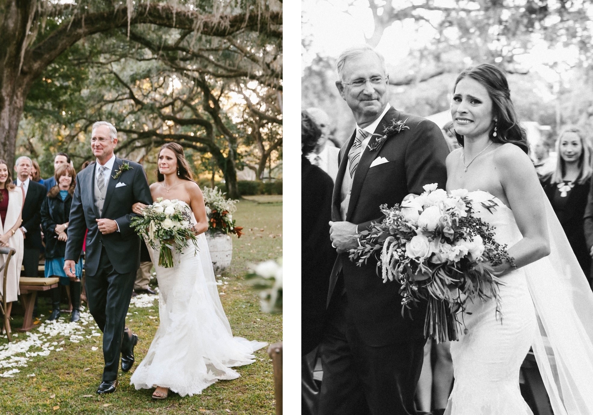 Bride crying as father leads her down the aisle.