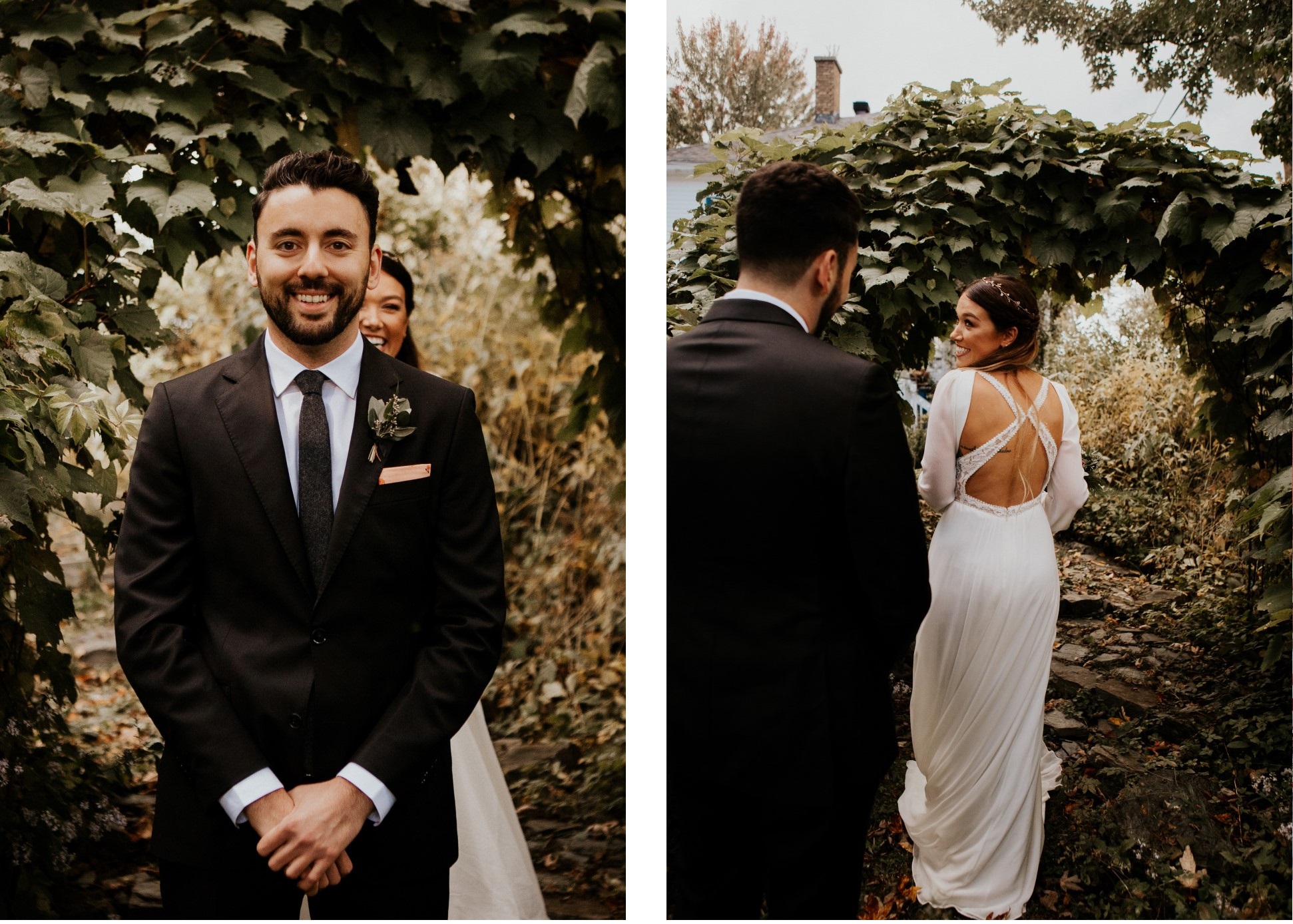 Bride and groom during first look