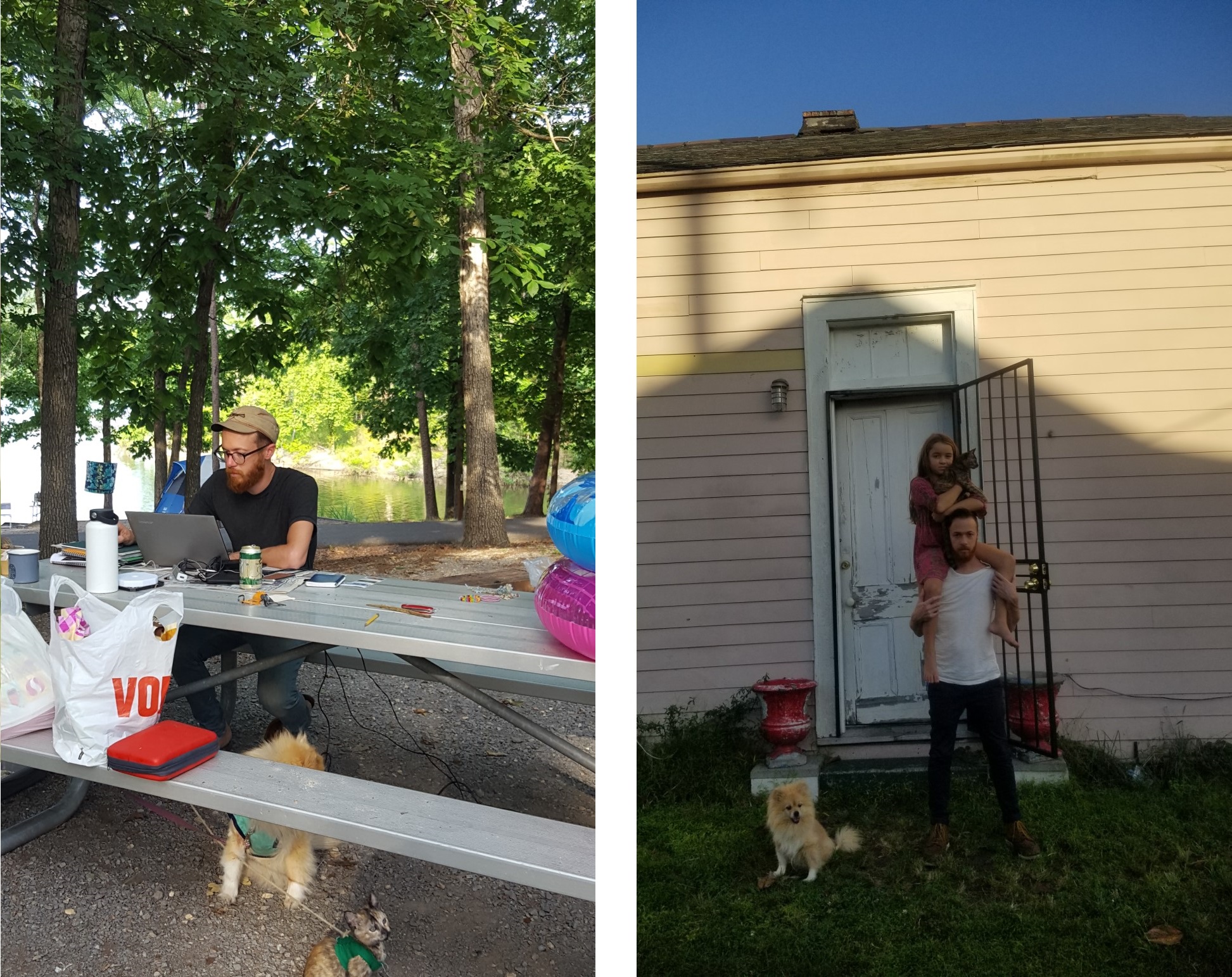 Left, man working on laptop at park bench with dog underneath. Right, man with child and cat on shoulders and dog at feet.