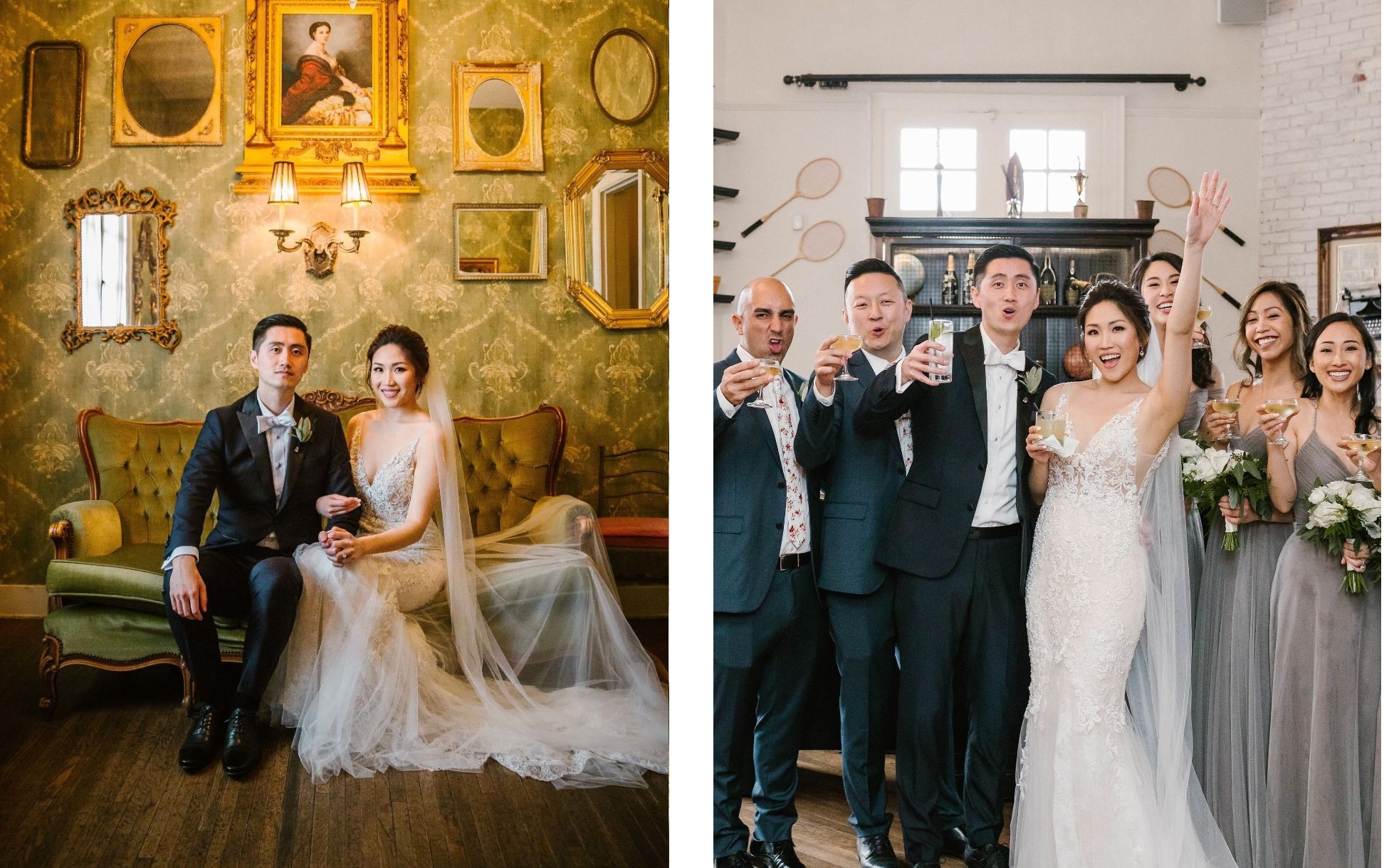 Left, bride and groom on green tufted couch. Right, bride and groom celebrating with wedding party