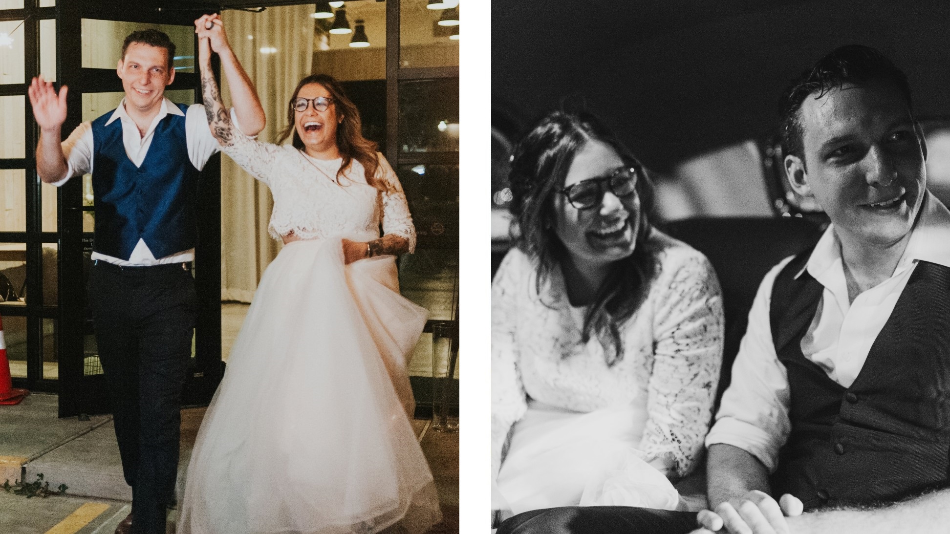 Left, newlyweds smiling as they leave their reception. Right, bride and groom smiling together in car