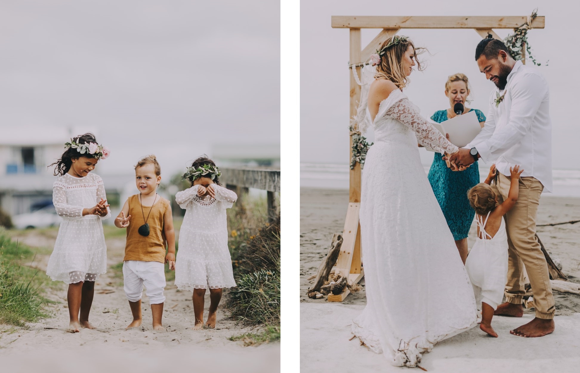 Left, kids on the beach. Right, bride and groom at the altar on the beach with child underfoot