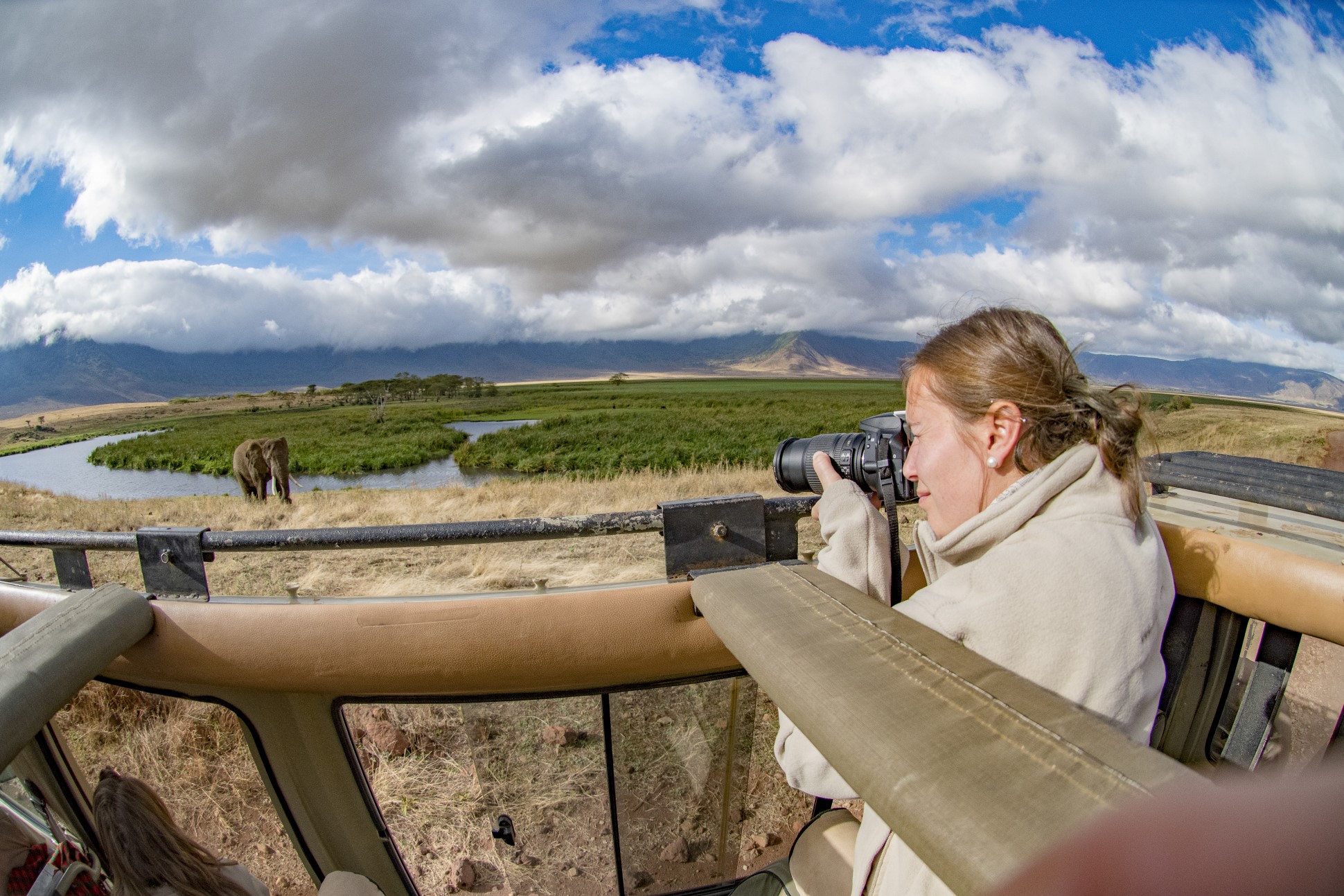 Woman taking photo of elephant on Safari